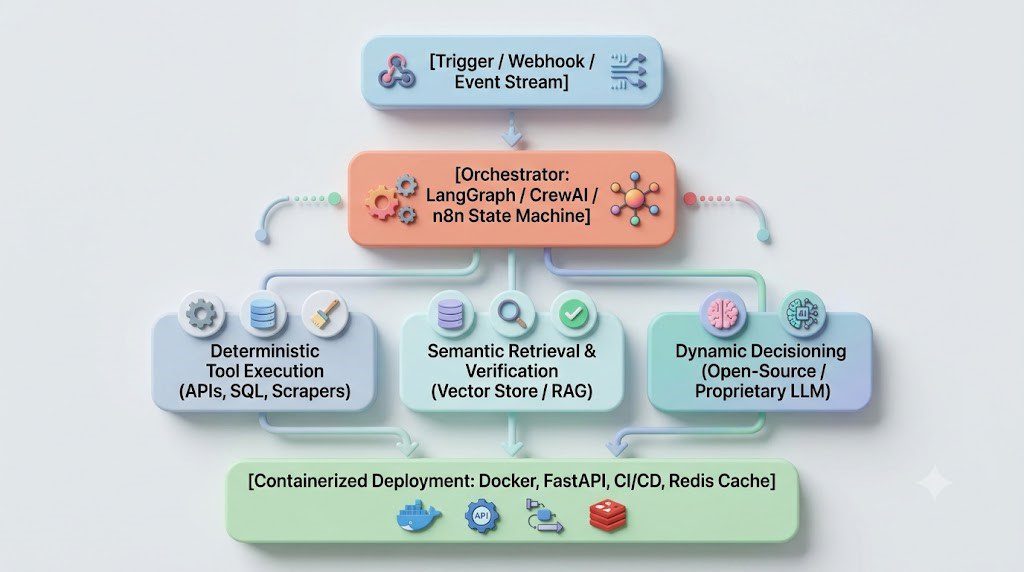 an AI agent pipeline: Trigger events feeding into a LangGraph orchestrator, branching to tools, RAG, and LLM decisioning, deployed via Docker and FastAPI.